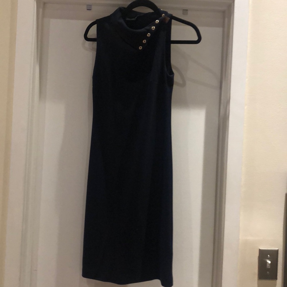 Vintage Ralph Lauren Sport High Neck Navy Blue Fitted Midi Dress Size XS